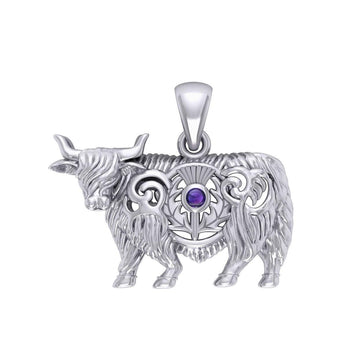 Highland Cow with Thistle and Gemstone Silver Pendant TPD6141 - Jewelry